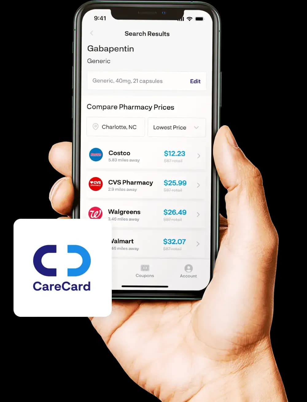 A hand holding a phone showing the CareCard app comparing pharmacy prices for Gabapentin